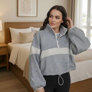 VS Pink Heathered Gray Pullover ✦ 1/4 Zip White Stripe ✦ Drawstring Hem Vintage